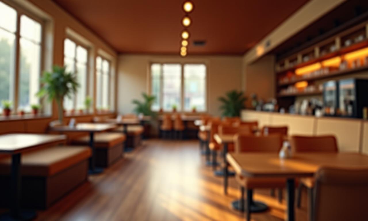 Interior acogedor de Horario de Café con iluminación cálida